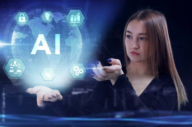 İş, Teknoloji, İnternet ve ağ konsepti. Genç işadamı geleceğin sanal ekranı üzerinde çalışıyor ve yazıyı görüyor: