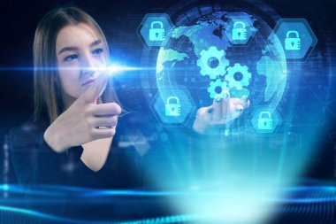 İş, Teknoloji, İnternet ve ağ konsepti. Genç işadamı geleceğin sanal ekranı üzerinde çalışıyor ve yazıyı görüyor.: 