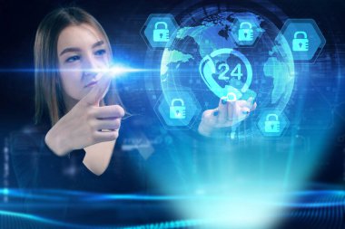 İş, Teknoloji, İnternet ve ağ konsepti. Genç işadamı geleceğin sanal ekranı üzerinde çalışıyor ve yazıyı görüyor.: 