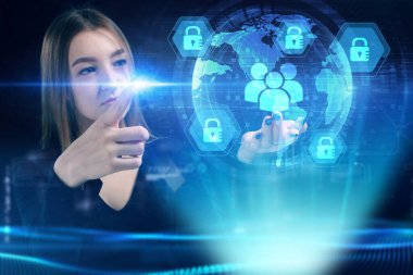 İş, Teknoloji, İnternet ve ağ konsepti. Genç işadamı geleceğin sanal ekranı üzerinde çalışıyor ve yazıyı görüyor.: 