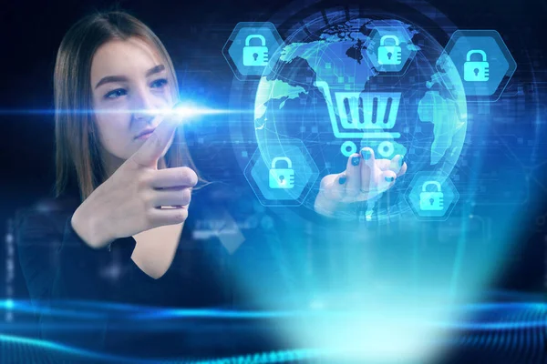 İş, Teknoloji, İnternet ve ağ konsepti. Genç işadamı geleceğin sanal ekranı üzerinde çalışıyor ve yazıyı görüyor.: 