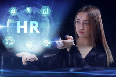 İş, Teknoloji, İnternet ve ağ konsepti. Genç işadamı geleceğin sanal ekranı üzerinde çalışıyor ve yazıyı görüyor: