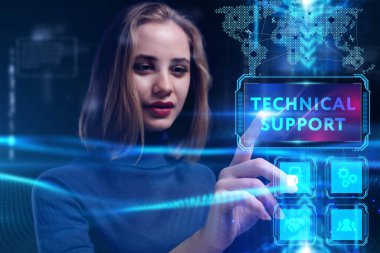 İş, Teknoloji, İnternet ve ağ konsepti. Genç işadamı geleceğin sanal ekranı üzerinde çalışıyor ve yazıyı görüyor: teknik destek