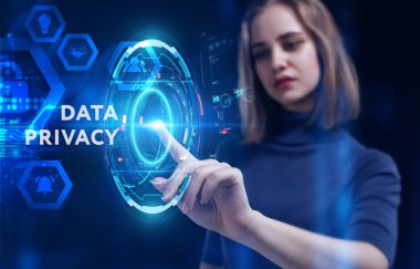 İş, Teknoloji, İnternet ve ağ konsepti. Genç işadamı geleceğin sanal ekranı üzerinde çalışıyor ve yazıyı görüyor: