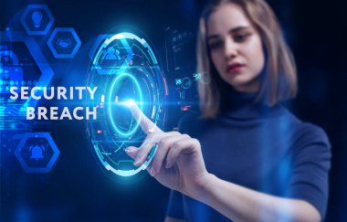 İş, Teknoloji, İnternet ve ağ konsepti. Genç işadamı geleceğin sanal ekranı üzerinde çalışıyor ve yazıyı görüyor: güvenlik ihlali