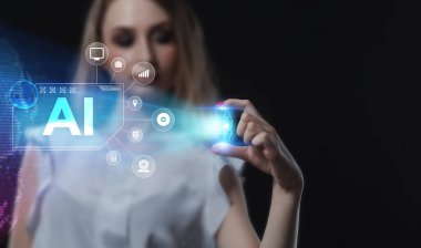 İş, Teknoloji, İnternet ve ağ konsepti. Genç işadamı geleceğin sanal ekranı üzerinde çalışıyor ve yazıyı görüyor: