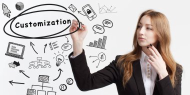 İş, teknoloji, internet ve ağ konsepti. Genç işadamı başarılı olmak için fikir üretiyor: Özelleştirme