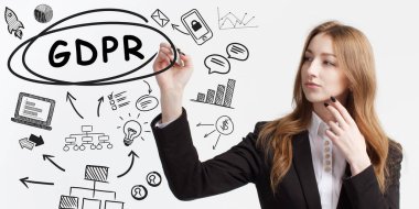 İş, teknoloji, internet ve ağ konsepti. Genç işadamı başarılı olmak için fikir üretiyor: GDPR