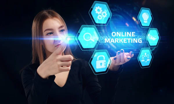 Affärsidé Teknik Internet Och Nätverkskoncept Ung Affärsman Som Arbetar Virtuell — Stockfoto