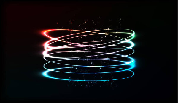 EPS10. Neon blurry circles at motion . Vector swirl trail effect . Abstract luminous rings slow shutter speed effect . Bokeh glitter round shapes . lights at motion exposure