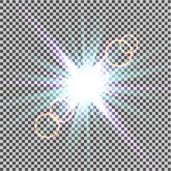 Efeito de luz brilhante. Starburst com brilhos em fundo transparente. Ilustração vetorial. Sol. Um flash de Natal. pó — Vetor de Stock