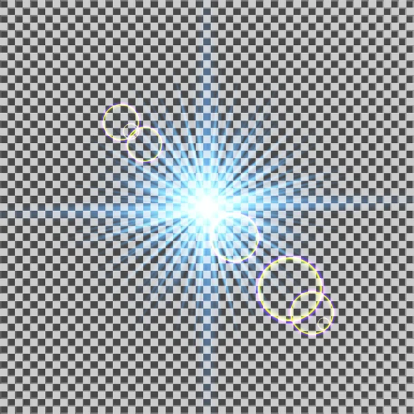 Efeito de luz brilhante. Starburst com brilhos em fundo transparente. Ilustração vetorial. Sol. Um flash de Natal. pó — Vetor de Stock