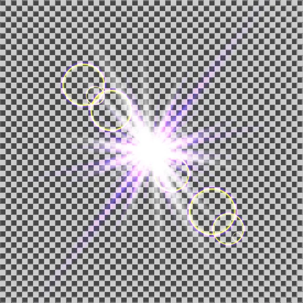 Efeito de luz brilhante. Starburst com brilhos em fundo transparente. Ilustração vetorial. Sol. Um flash de Natal. pó —  Vetores de Stock
