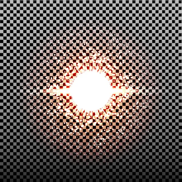 Parlama ışık efekti. Yıldız patlaması sparkles şeffaf arka plan ile. Vektör çizim. Güneş Noel flaş. toz — Stok Vektör