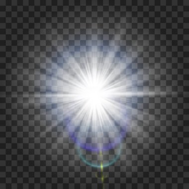 Parlama ışık efekti. Yıldız patlaması sparkles şeffaf arka plan ile. Vektör çizim. Güneş Noel flaş. toz