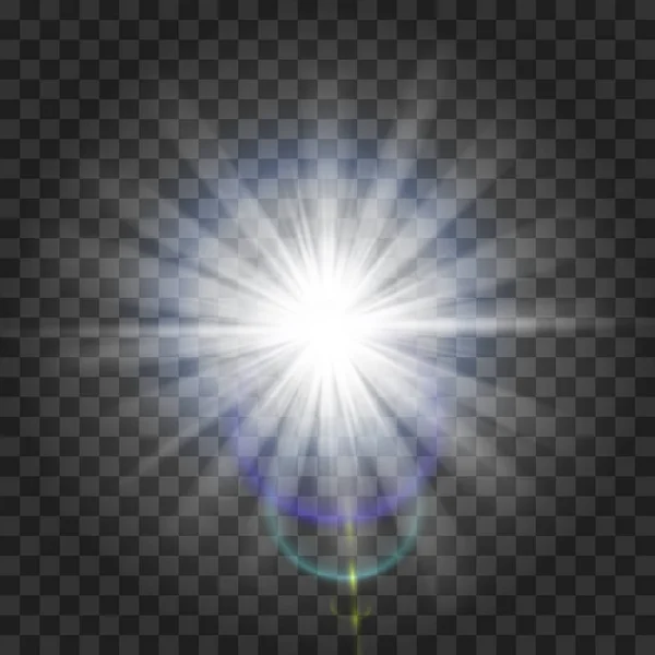 Parlama ışık efekti. Yıldız patlaması sparkles şeffaf arka plan ile. Vektör çizim. Güneş Noel flaş. toz — Stok Vektör
