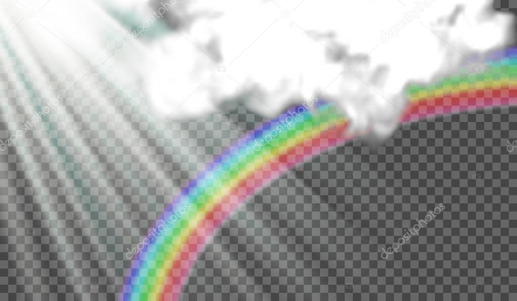Vector illustration of sun rays, rainbow after rain, storm clouds. On a transparent background