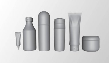 Beyaz arka plan üzerinde izole vücut bakım paketi için beyaz şişe kümesi