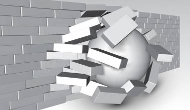 Bir tuğla duvar imha. 3D kırma tuğla duvar. Ezilmiş ya da parçalara duvar. İmha arka plan.