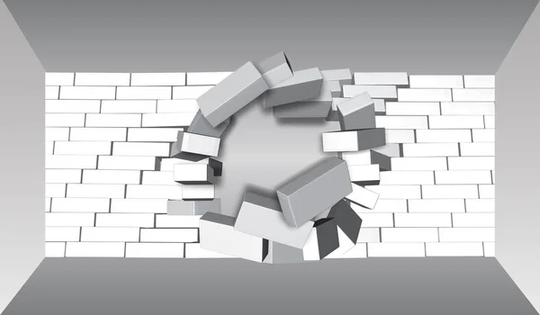 Bir tuğla duvar imha. 3D kırma tuğla duvar. Ezilmiş ya da parçalara duvar. İmha arka plan.
