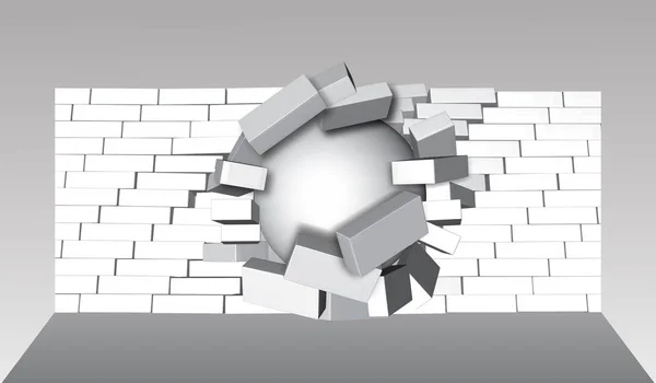 Destruction of a Brick Wall. 3D Breaking Brick Wall. Wall Being Smashed or Breaking Apart. Destruction Abstract Background. — Stock Vector