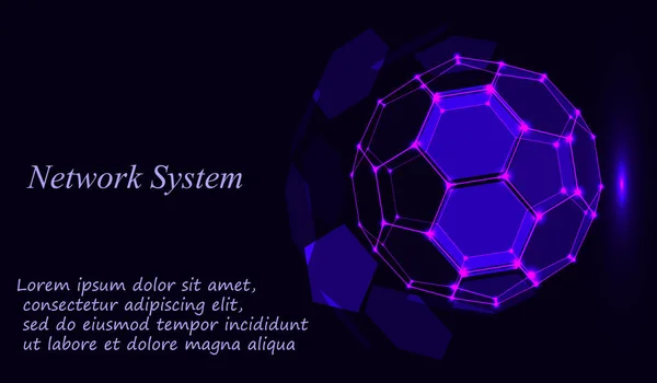 Azul brillante cósmica cuadrícula hexagonal vector brillante esfera sobre fondo oscuro — Vector de stock