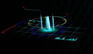 Head-up uygulamaları ve Internet için şehrin gezinti öğeleri görüntüler. Fütüristik kullanıcı arabirimi. Sanal grafik.