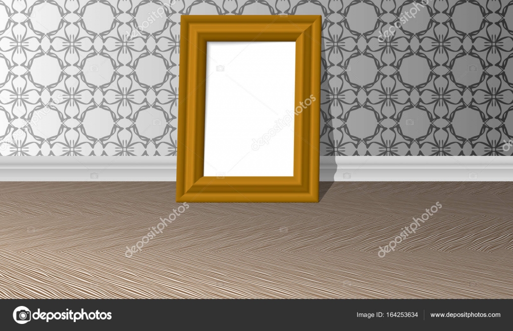 Cornice dorata orizzontale vuota su una parete bianca con modelli e ... Modelli di parquet