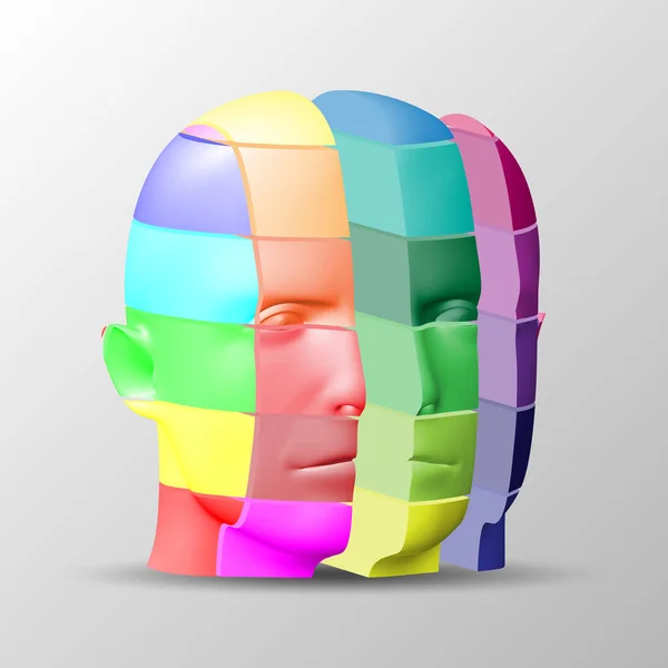 Das menschliche Gesicht besteht aus mehrfarbigen quadratischen Schnitten. Vektor Illustration, Geschäftskonzept. — Stockvektor