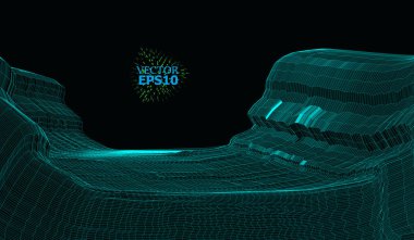 Soyut vektör tel kafes manzara arka plan. Siber kılavuz. 3D tel çerçevesinin etrafında. 3D teknoloji tel kafes vektör çizim. Sunular için dijital manzara. Poligonal yüzey.