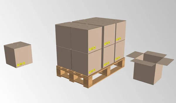 Braun geschlossener Karton Lieferung Verpackungsbox mit zerbrechlichen Zeichen auf Holzpalette isoliert auf weißem Hintergrund Vektor Illustration. — Stockvektor