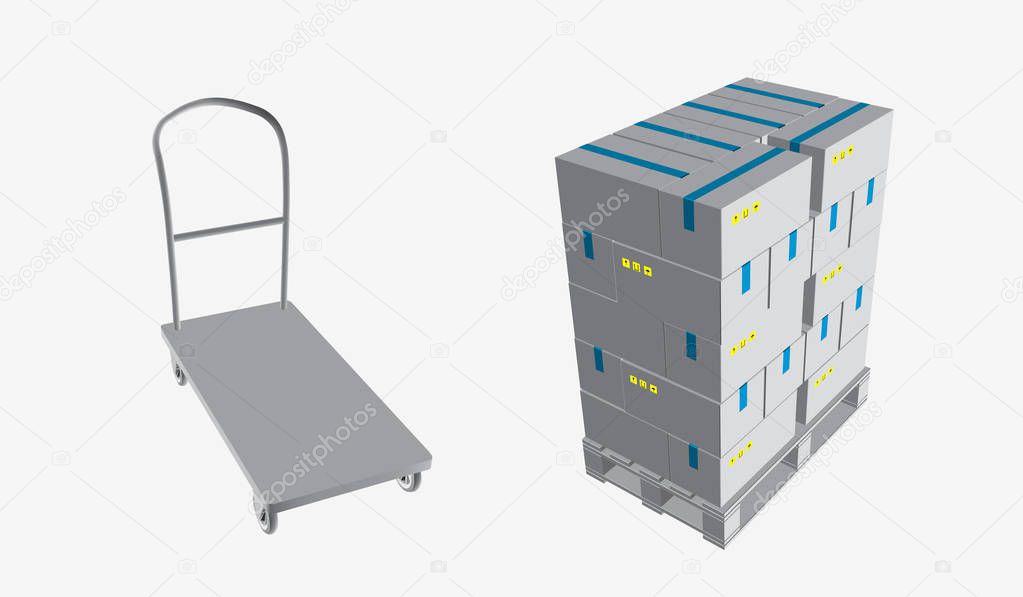 Closed box, delivery of boxes with fragile signs on wooden pallet and storage trolley, isolated on white background vector illustration.