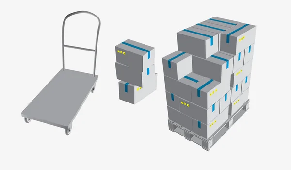 Scatola chiusa, consegna di scatole con segni fragili su pallet di legno e carrello di stoccaggio, isolata su sfondo bianco illustrazione vettoriale . — Vettoriale Stock
