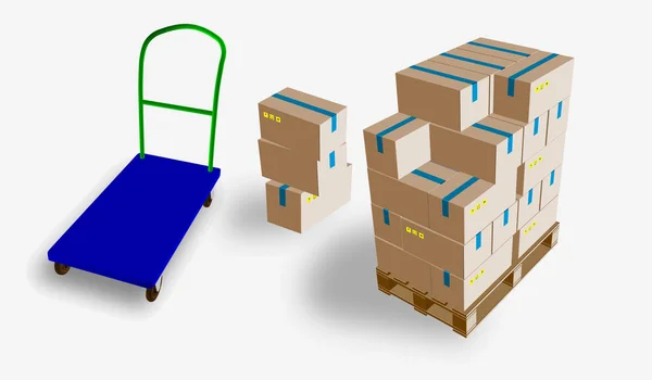 Caja cerrada, entrega de cajas con signos frágiles en paleta de madera y carro de almacenamiento, aislado sobre fondo blanco vector ilustración . — Vector de stock