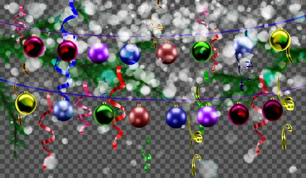 ぼやけているクリスマス ツリーの枝と透明な背景に紙吹雪の前のクリスマスのおもちゃ — ストックベクタ