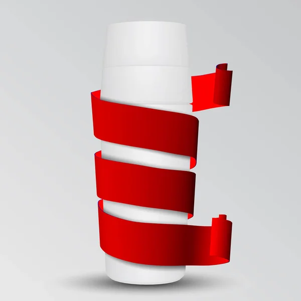 Настоящая красная бархатная глянцевая бумажная лента вокруг белой бутылки. Векторная иллюстрация — стоковый вектор