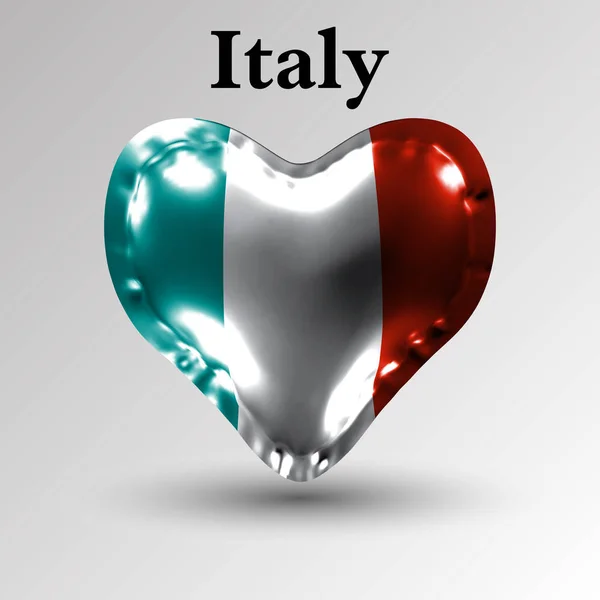 Σημαίες από τις χώρες της Ευρώπης. Η σημαία της Ιταλίας σχετικά με μια μπάλα αέρα με τη μορφή μιας καρδιάς από γυαλιστερό υλικό. — Διανυσματικό Αρχείο