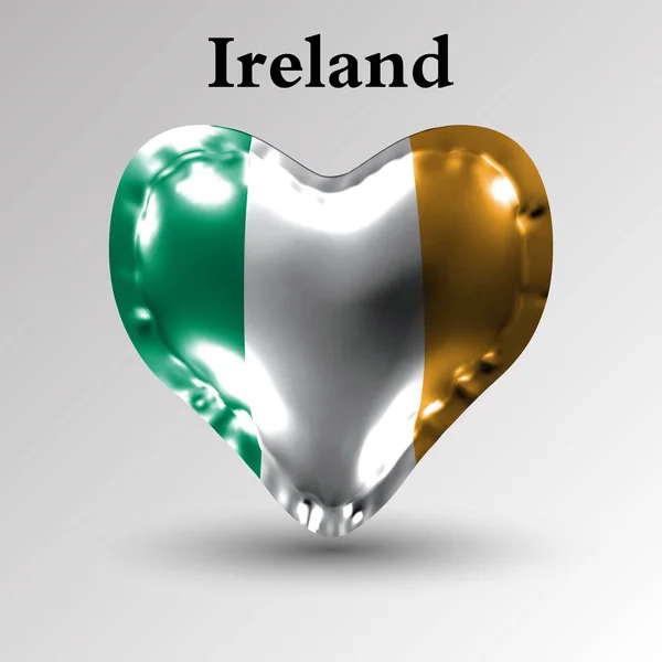 Avrupa ülkelerinin bayrakları. İrlanda bayrağı üzerinde parlak malzemeden yapılmış bir kalp şeklinde bir hava topu. — Stok Vektör
