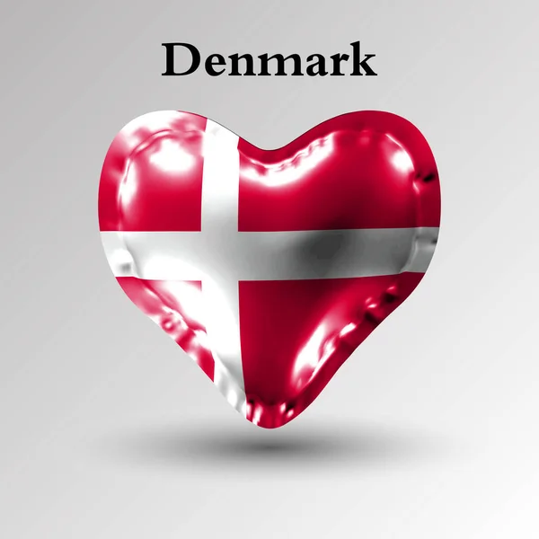 Bandeiras dos países da Europa. Bandeira da Dinamarca em uma bola de ar na forma de um coração feito de material brilhante . —  Vetores de Stock