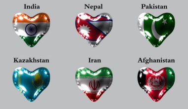 eps10. Asya ülkelerinin bayrakları. Hindistan, Nepal, Pakistan, Kazakistan, Iran bayrakları, Afganistan üzerinde bir kalp şeklinde bir hava topu parlak malzemeden yapılmış..