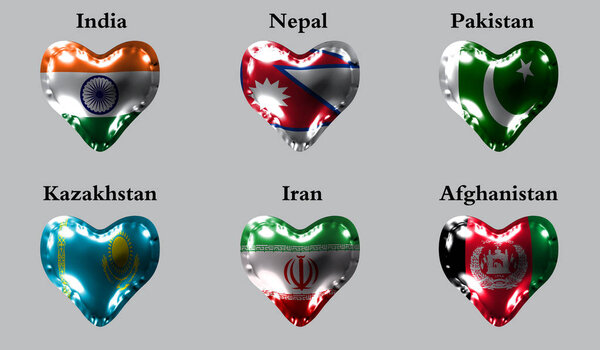 eps10. Flags of the Asian countries. The flags of India, Nepal, Pakistan, Kazakhstan, Iran, Afganistan on an air ball in the form of a heart made of glossy material.