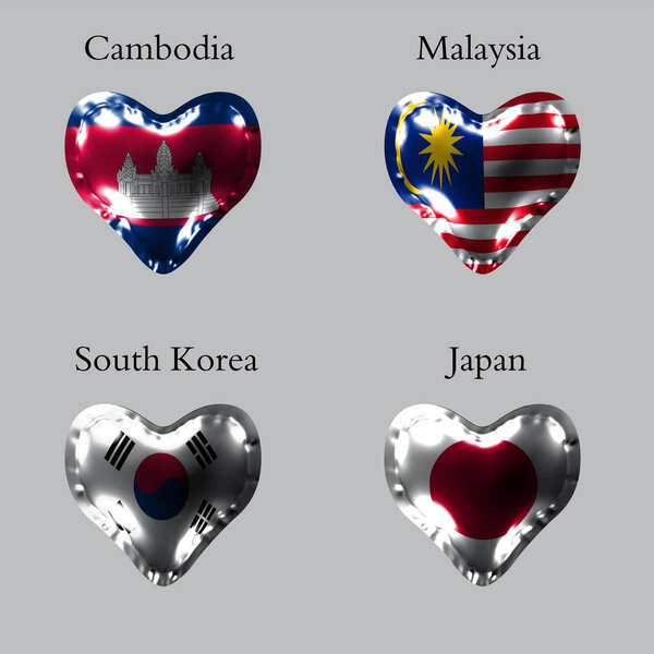 eps10. Flags of the Asian countries. The flags of Cambodia, Malaysia, South Korea, Japan on an air ball in the form of a heart made of glossy material.