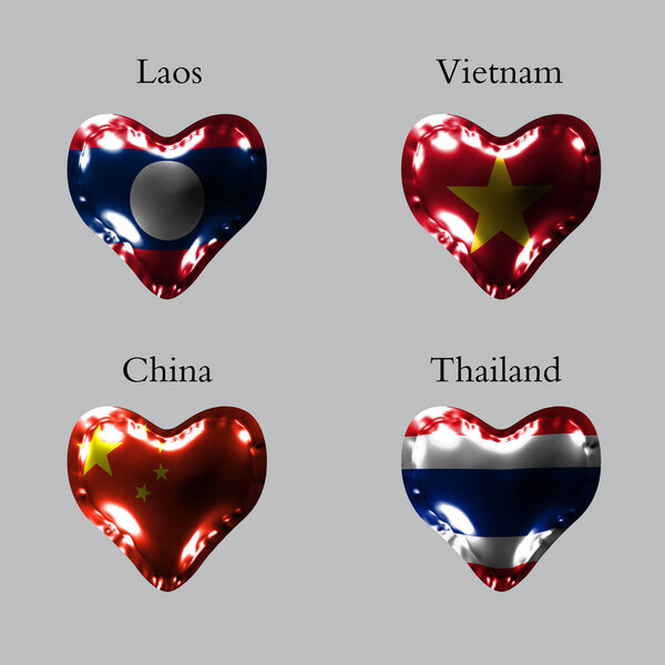 eps10. Flags of the Asian countries. The flags of Laos, Vietnam, China, Thailand on an air ball in the form of a heart made of glossy material.