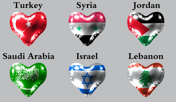 eps10. Flags of the Asian countries. The flags of Turkey, Syria, Jordan, Saudi Arabia, Israel, Lebanon on an air ball in the form of a heart made of glossy material.