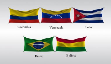 eps10. Amerika bayrakları ayarlayın. Kolombiya, Venezuela, Küba, Brezilya, Bolivya bayrağı sallayarak. Vektör çizim