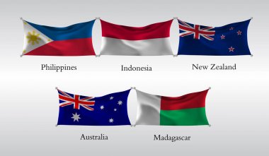 eps10. Pasifik ve Hint Okyanusu ülkelerinin bayrakları ayarlayın. Filipinler, Endonezya, Yeni Zelanda, Avustralya, Madagaskar bayrağı sallayarak. Vektör çizim