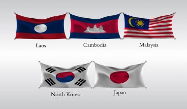 eps10. Asya'da ülkelerin bayrakları ayarlayın. Laos, Canmodia, Malezya, Kore, Japonya bayrağı sallayarak. Vektör çizim