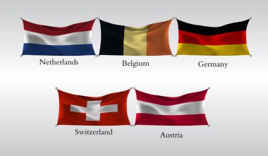 eps10. Avrupa ülkelerinin bayrakları ayarlayın. Hollanda, Belçika, Almanya, İsviçre, Avusturya bayrağı sallayarak. Vektör çizim