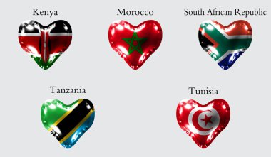 eps10. Bayraklar Afrika ülkeleri. Kenya, Fas, Güney Afrika Cumhuriyeti, Tanzanya, Tunus bayrakları bir kalp şeklinde bir hava topu üzerinde parlak malzemeden yapılmış.