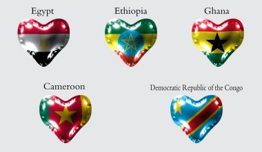 eps10. Bayraklar Afrika ülkeleri. Egipt, Etiyopya, Gana, Kamerun, parlak malzemeden yapılmış bir kalp şeklinde bir hava topu Kongo Demokratik Cumhuriyeti bayrakları.
